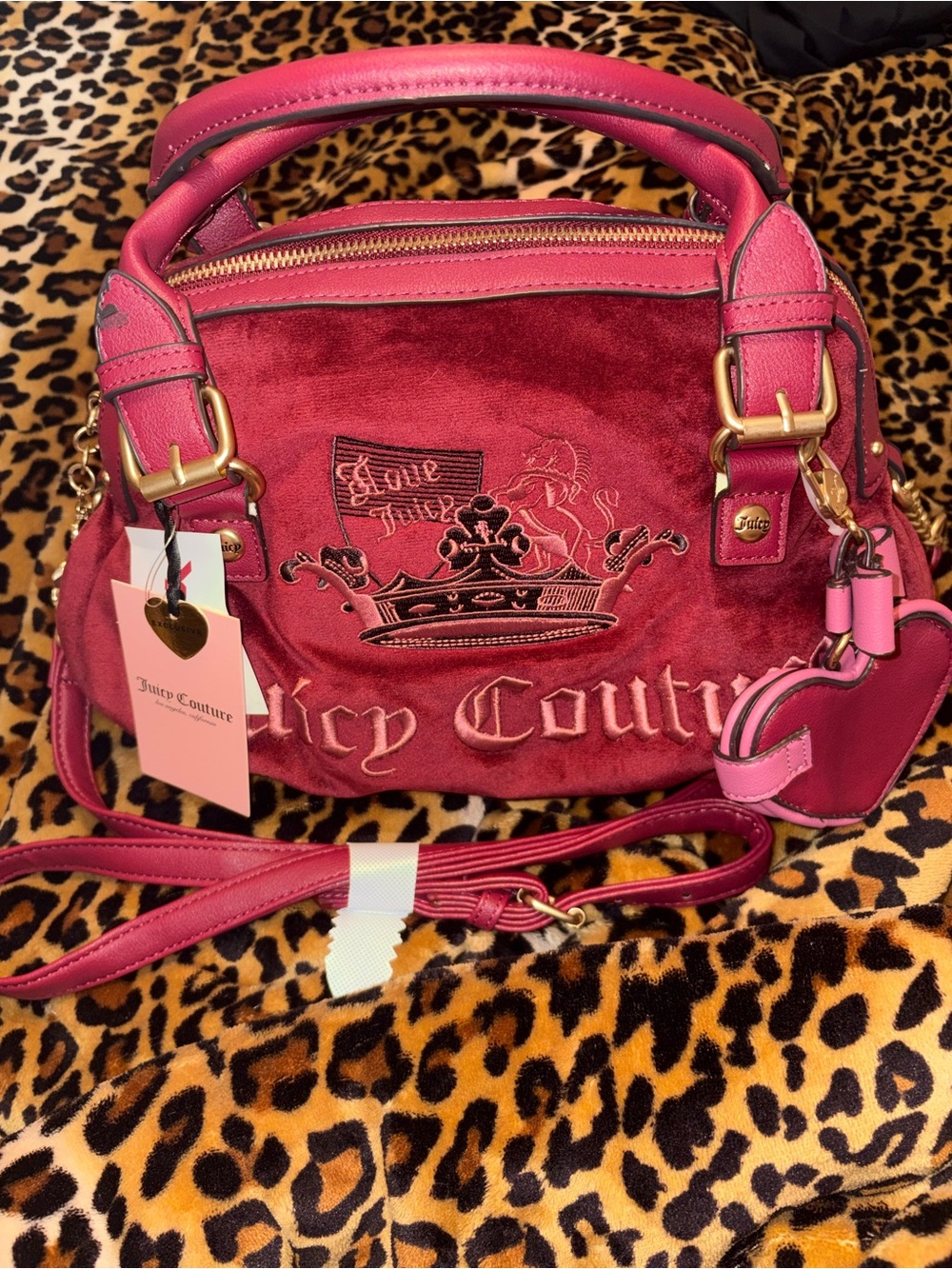 Juicy Couture Cranberry Velvet Satchel with Gold Hardware and Heart mirror Charm